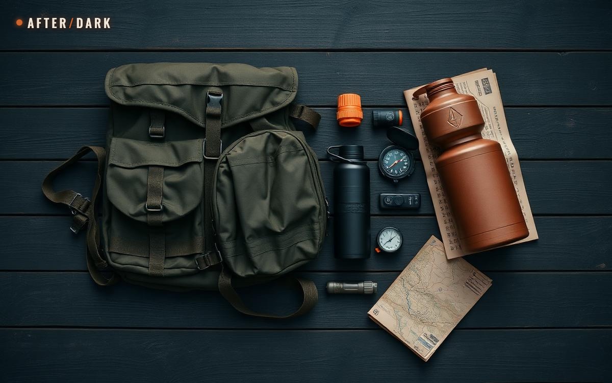 Flat lay of a survival backpack, canteen, map and compass on dark wood