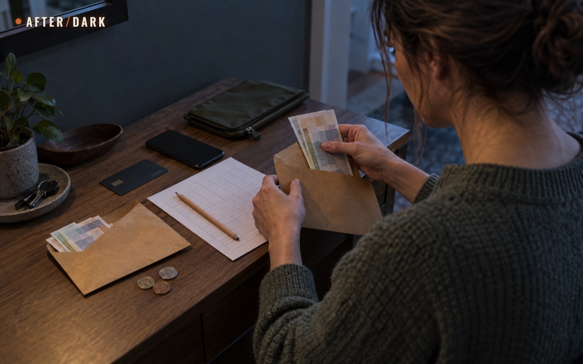 Person sorting a modest emergency cash reserve into plain envelopes beside a household payment worksheet in a dim apartment