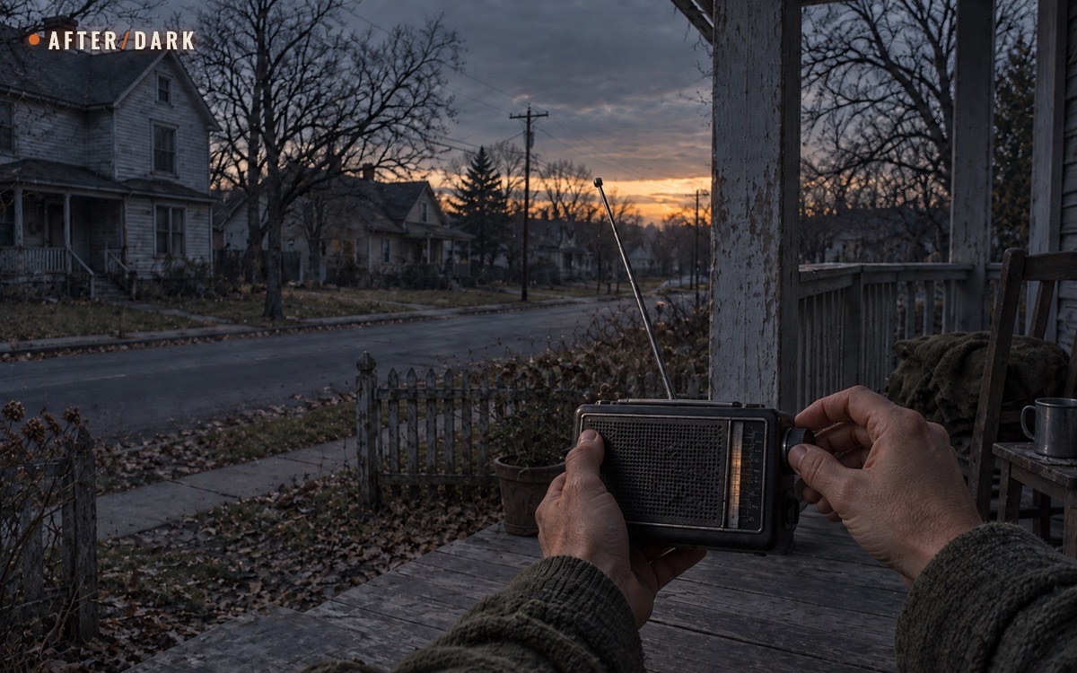 Hands tuning a portable radio on a sheltered porch overlooking a quiet residential street at dusk