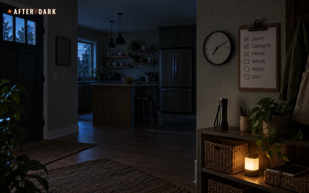 Dark home entry and kitchen with a wall-mounted outage checklist, analog clock, flashlight, closed refrigerator, and low battery light