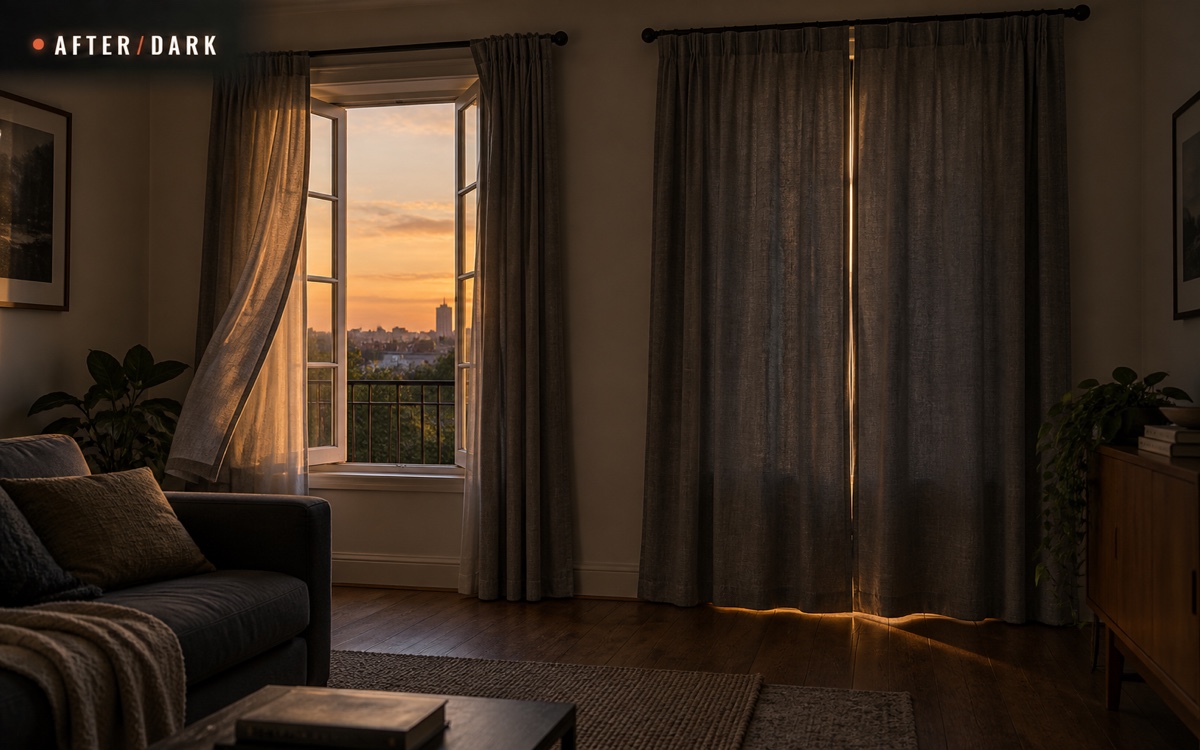 Shaded apartment interior with an open evening window and moving curtain prepared for passive cooling during a power outage