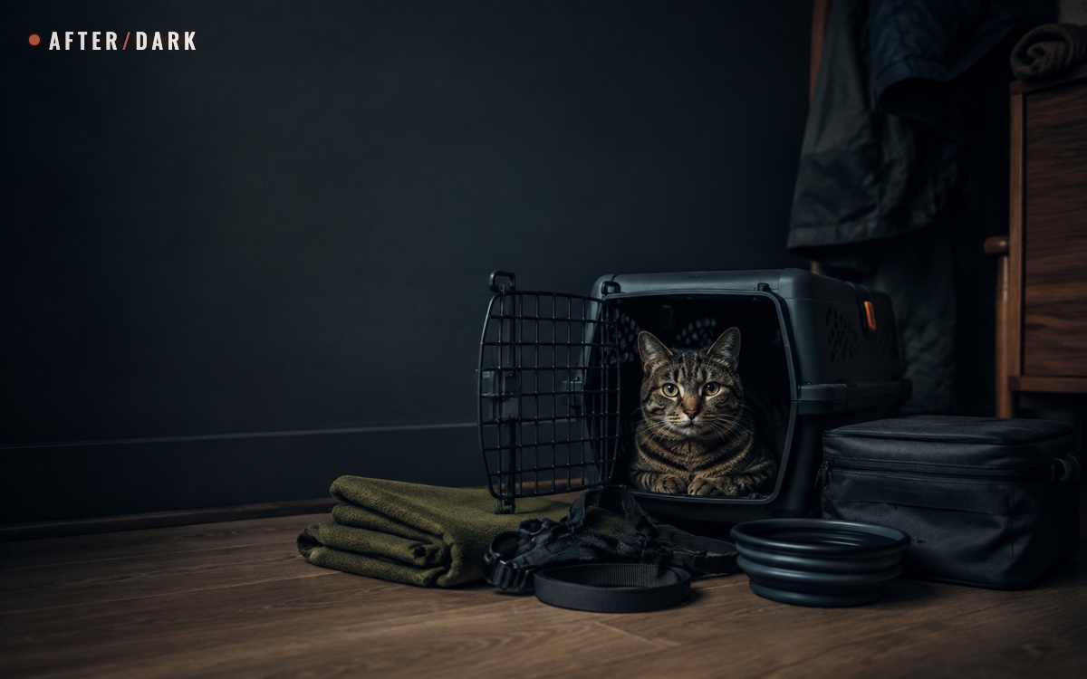 Calm cat sitting inside an open pet carrier beside a folded blanket, harness, bowls, and packed evacuation supplies at dusk
