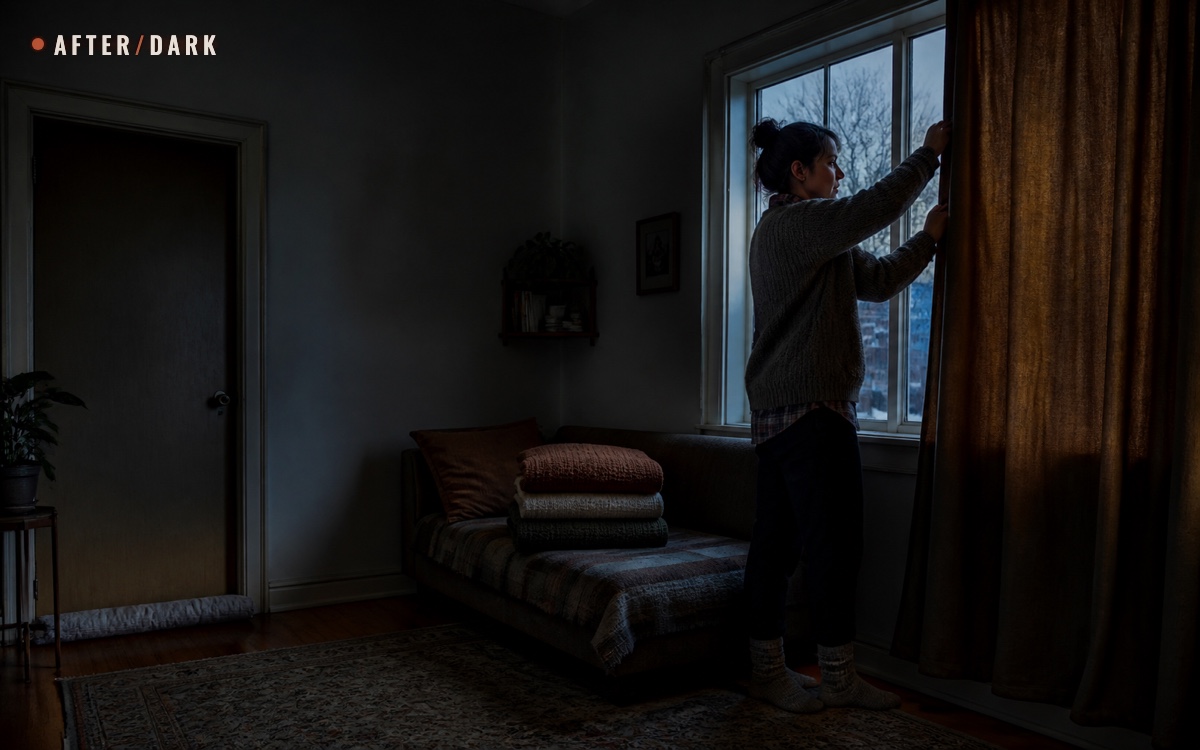 Adult closing heavy curtains in a dim living room prepared with folded blankets and a door draft blocker during a power outage