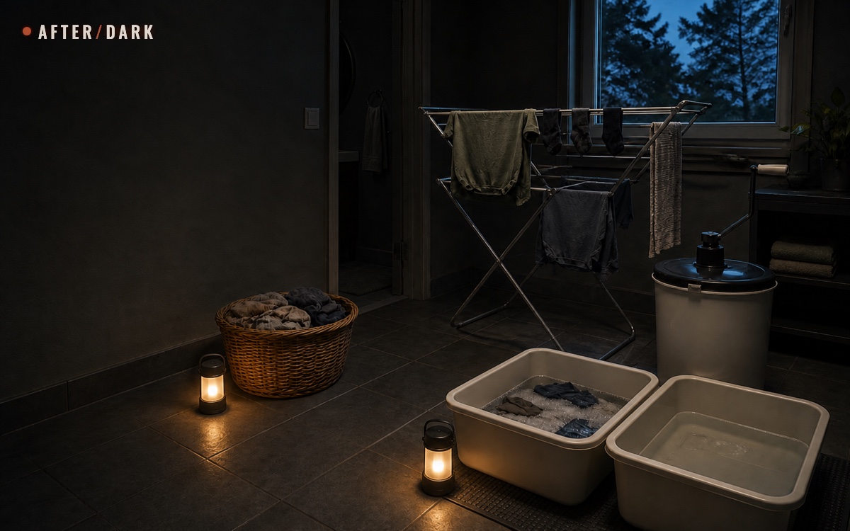 Two manual laundry basins beside a loaded drying rack in a compact utility room at dusk