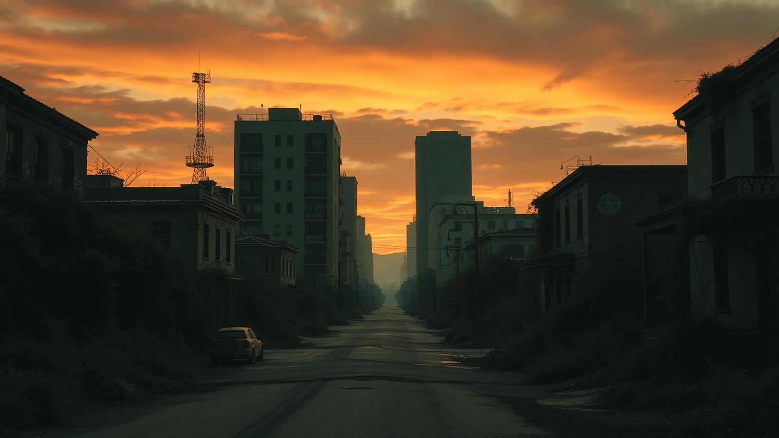 Empty overgrown post-apocalyptic city street at dusk